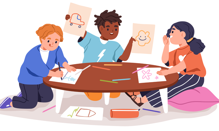 an image of school children colouring and drawing